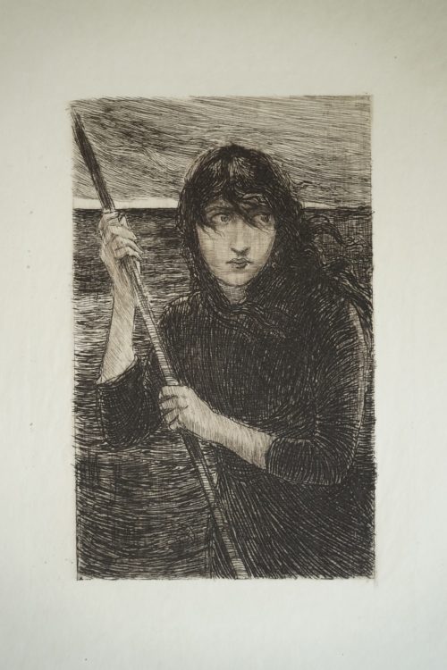 Black and white illustration showing a woman. Her expression is scared or apprehensive. She is holding a large stick and water surrounds her. Her dark hair appears to be blowing across her face.