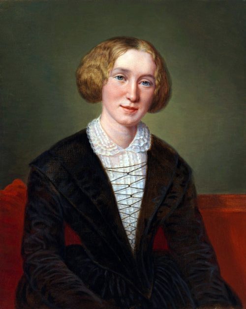 Painting of a seated woman. Her light coloured hair is wavy and gathered up at the jaw line. She has blue eyes. She is wearing a white blouse with collar and a black jacket. The wall behind is green.