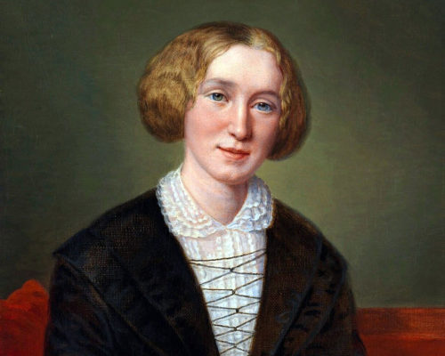 Painting of a seated woman. Her light coloured hair is wavy and gathered up at the jaw line. She has blue eyes. She is wearing a white blouse with collar and a black jacket. The wall behind is green.