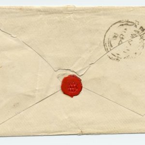 Back of envelope with red wax seal and post mark.