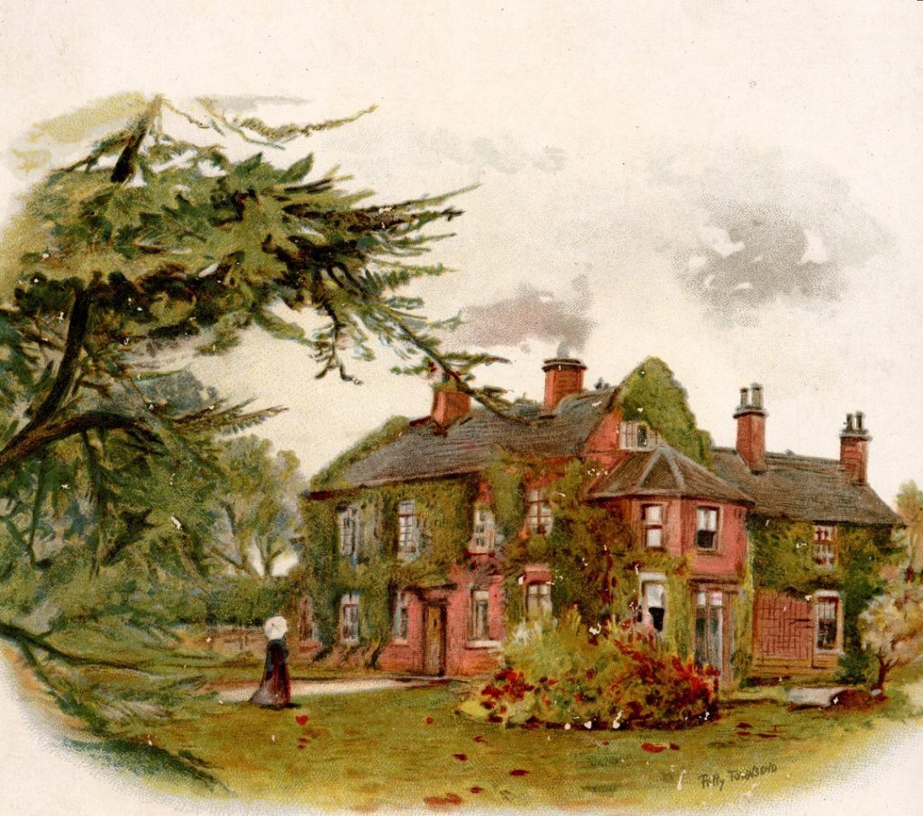 Colour illustration showing a large house with a number of windows smoking chimneys. The walls are covered in ivy. In the foreground is a garden and the house is framed by trees. A figure can be seen in the foreground.