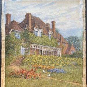 Watercolour of a large house. There are numerous windows and chimneys. Greenery covers the front of the house. Beneath is a colourful garden with bushes and flowers. There are steps to the left hand side leading down to this garden.
