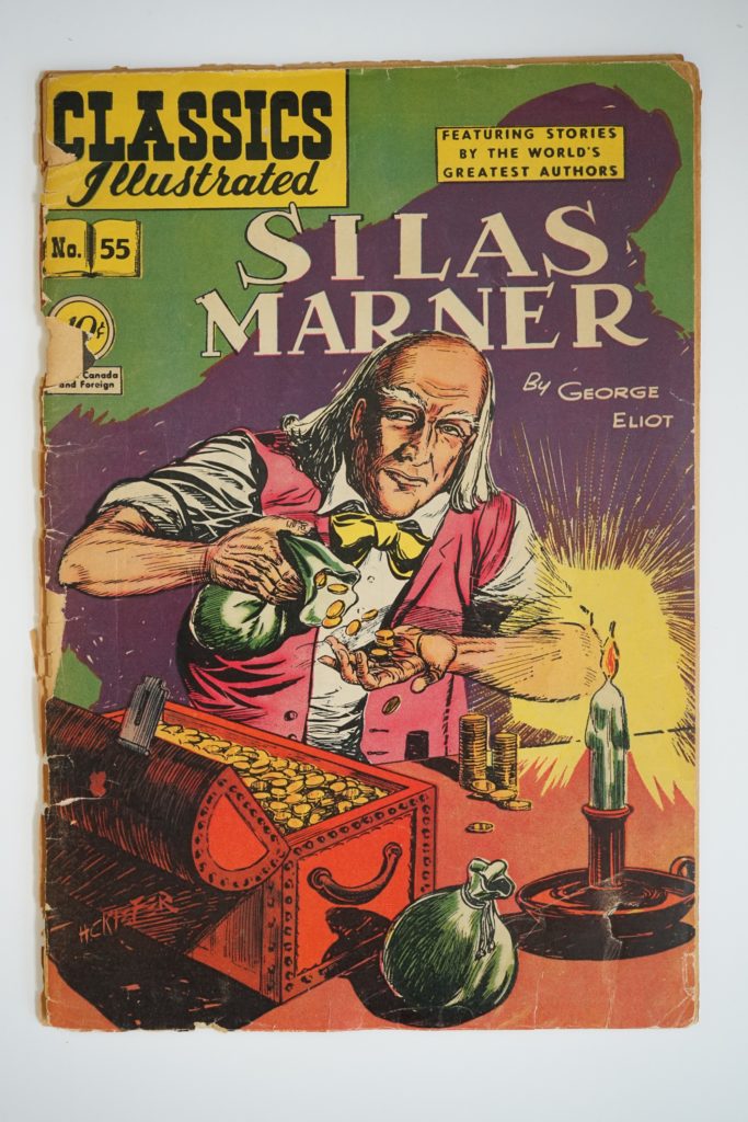 Front cover of graphic novel of Silas Marner. Shows man with pink waistcoat and yellow bowtie. A candle on the right hand side and box of gold coins next to him.