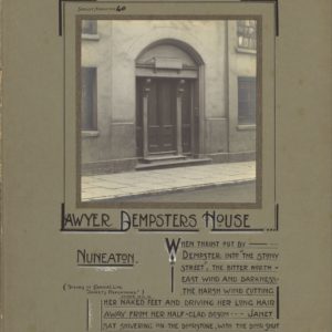 Black and white photograph showing the doorway to a house. In a green/brown card mount. The title Lawyer Dempster's house and an extract from Janet's Repentance by George Eliot is written underneath.