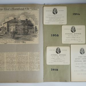 Open scrapbook. On the right hand side invitations and a programme for the George Eliot Fellowship Annual Dinner are stuck on the page with the date 1959 written onto the page. The left hand side has newspaper articles stuck onto the page