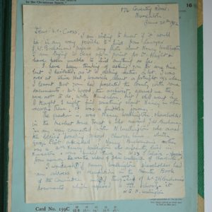 Page from a scrapbook. A letter dated 1952 to Mr Cross regarding Nancy Wallington is stuck onto the page.