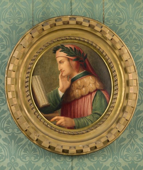 Circular watercolour painting. It is surrounded by a ornate gold frame. The painting shows a man from the side. He is reading a book with the right side of his chin resting on his right hand. He has a red head covering on top of which is a green leaf crown. He wears a red tabard with green sleeves.
