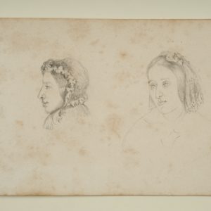 Page from a sketchbook showing two pencil sketches of women. One is a side view of a woman wearing a bonnet. The other shows a woman with a covering over the back of her head.
