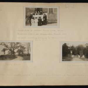Page showing one black and white photograph of a group of girls. Text underneath says snapshot of senior girls with Miss Simpson taken at Shepperton Church when we were visiting places of George Eliot interest. June 1925. Photo on the left is entitled Gipsy Lane and on the right the Griff entrance to Arbury. Text underneath says Both these places would have been familiar to George Eliot during her girl hood days.