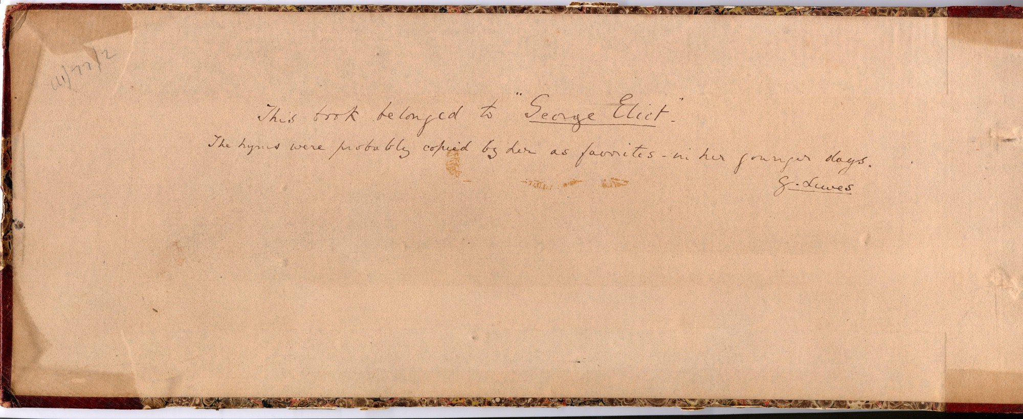 Inner page of a book. Handwritten are the words: This book belonged to George Eliot.