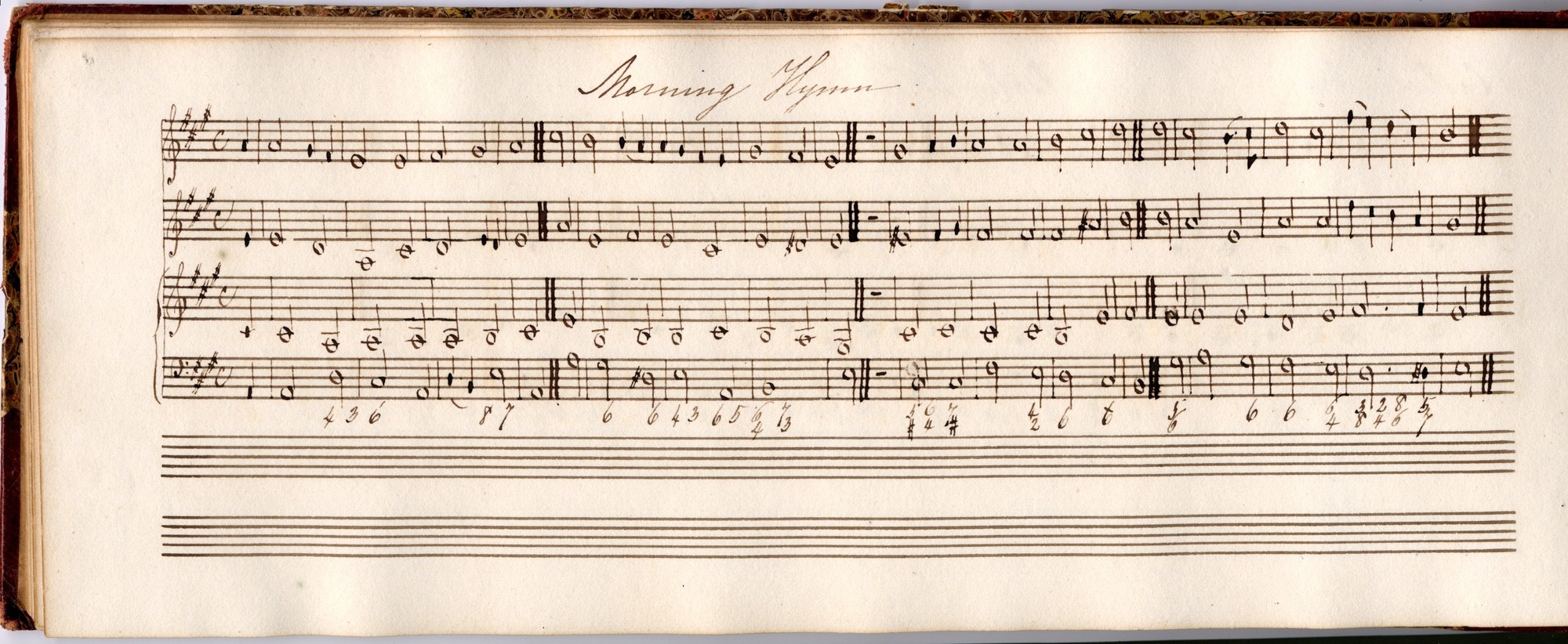 Page from a music book. There are lines across the page and musical notes written onto them.