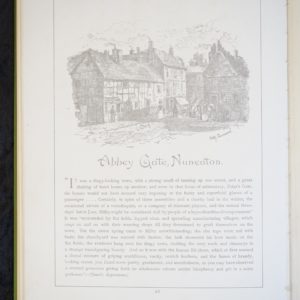 Inner page of a book. At the top there is a black and white illustration of timber framed buildings with smoking chimneys. Some figures can be seen in the foreground. Under the illustration is the title, Abbey Gate, Nuneaton. Beneath this title is an excerpt from George Eliot's story, Janet's Repentance.