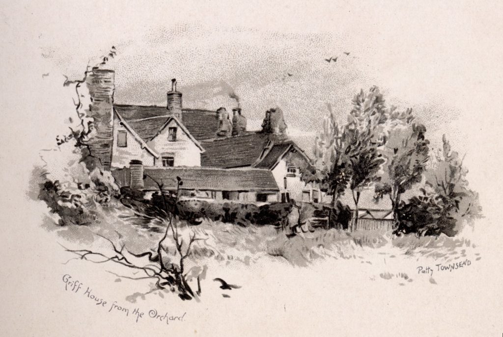 Black and white illustration. A large house can be seen with smoking chimneys and numerous windows. In the foreground is an orchard with grass and trees. The words Griff House from the Orachard and Patty Townsend are written along the bottom.