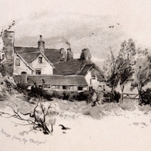 Black and white illustration. A large house can be seen with smoking chimneys and numerous windows. In the foreground is an orchard with grass and trees. The words Griff House from the Orachard and Patty Townsend are written along the bottom.