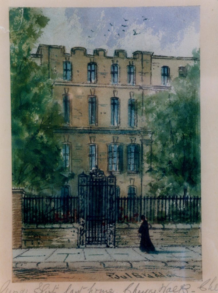 Watercolour painting showing a large housing block with numerous windows. There are trees to the left and right of the house. A metal gate surrounds the front and a figure stnads before a grand gate. There is a blue sky with clouds and birds flying overhead. The following is handwritten in pencil: 'George Eliot's last home. Cheyne Walk, Chelsea.