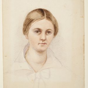 Watercolour painting of a women. She has brown hair which is parted in the centre and tied up. She has a white collar and bow tied at the neck. In the left hand corner are the words S.S Hennell by herself.