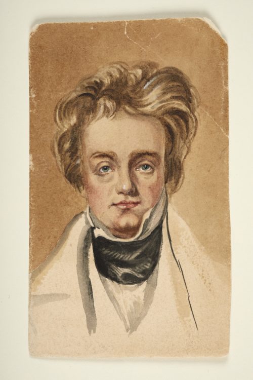 Watercolour portrait of a man. He has big hair and has a high white colour with a dark scarf and light coloured jacket.