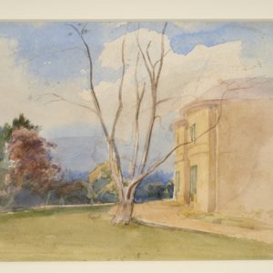 Watercolour painting showing the side of a large house on the right hand side. A tree with bare branches is on a lawn in front of the trees and green and brown trees are on the left hand side. Blue sky and clouds are overhead.