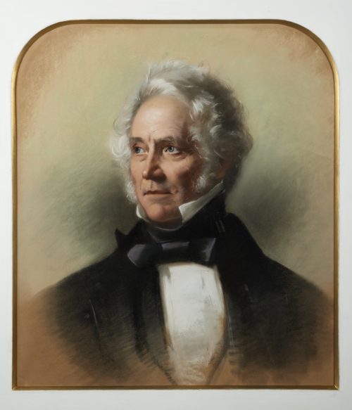 Painting of Dr Robert Brabant. Shows a man looking slightly to one side. He has white/grey hair and is wearing a high white collar, white shirt, black neck tie and black jacket.