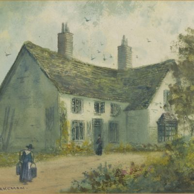 Painting showing a house with several windows and two chimneys. There are bushes and a tree on the right hand side. A figure is by the front door and another figure walking up the path near the house. A barrel can be seen along the side wall. There are birds flying above the roof. The signature Thomas Wakeman is written in the bottom left hand corner.