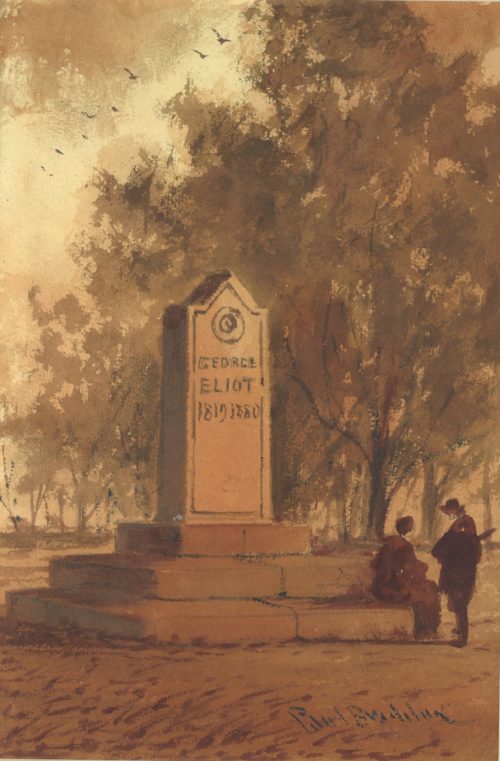 Painting of a stone memorial with George Eliot 1819-1880 engraved on it. There are two figures to the right of the memorial with one seated on the plinth. There are trees to the right hand side and birds flying overhead.